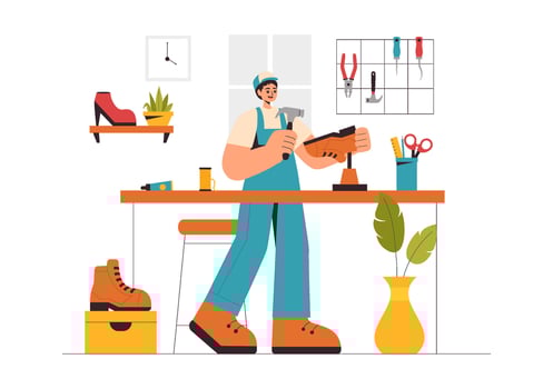 Flat Style Shoemaker Illustration Showcasing Footwear Manufacturing and Repair vector