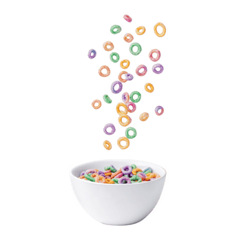 Colorful cereal rings falling into a white bowl png