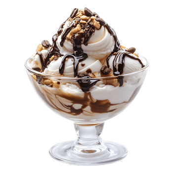 A bowl of ice cream with chocolate sauce and nuts on top png