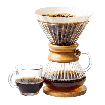 A coffee maker with a filter and a cup of coffee next to it png