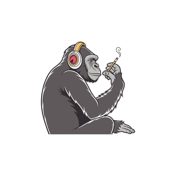A gorilla wearing headphones and smoking a cigarette vector
