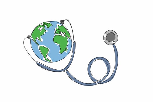Single one line drawing stethoscope attached to globe. The earth plays a role in maintaining health. Public health is a priority. Care. World Health Day. Continuous line design graphic illustration vector