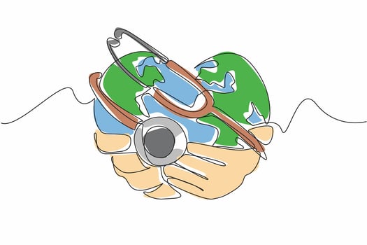 Single continuous line drawing stethoscope worn on a heart-shaped globe. Health is pleasure. Healthy earth, healthy society. Health gift. Symbol. World Health Day. One line design illustration vector