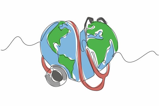 Continuous one line drawing heart-shaped globe wrapped around a stethoscope. Environmental factors on human health. Medical care. Healthy. World Health Day. Single line draw design illustration vector