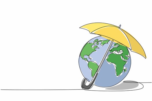 Single continuous line drawing part of the globe is covered by an umbrella. Take shelter with umbrella whether it is raining or hot. Tech. World Meteorological Day. One line design illustration vector