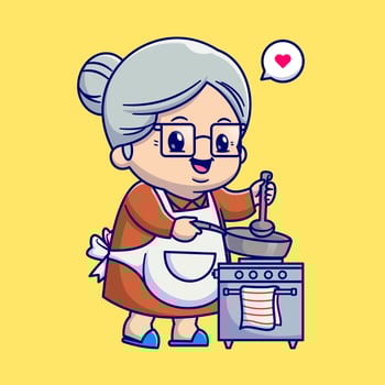 Cute Grandma Cooking In Kitchen Cartoon vector