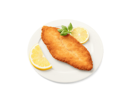 Wiener Schnitzel, thin breaded veal cutlet from Austria, golden brown color, floating with lemon slice, bright highlights png