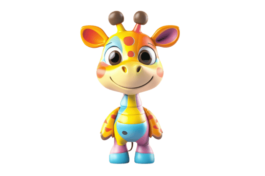 A colorful cartoon giraffe toy with a cheerful expression, featuring large eyes and distinctive patterns. png