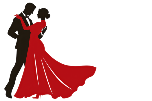 A silhouette of a couple dancing, featuring a woman in a flowing red dress and a man in formal attire. png