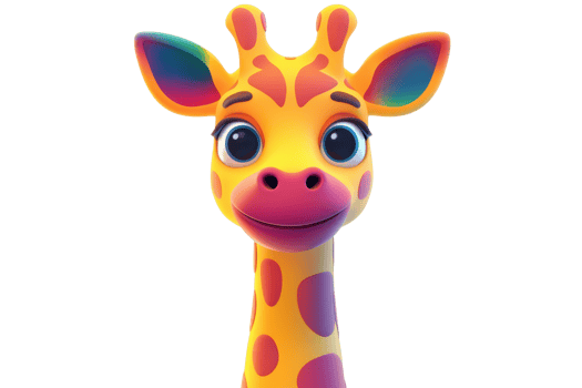 A colorful, cartoon-style giraffe with large eyes and a cheerful expression, featuring distinctive spots and vibrant ears. png