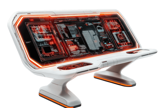 A futuristic interactive console featuring glowing panels and intricate circuit designs, designed for advanced technological applications. png