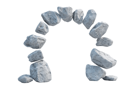 A series of stones arranged in an arch formation, showcasing unique textures and shapes. png