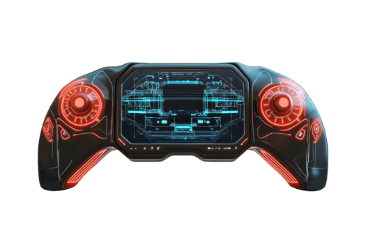A futuristic gaming controller featuring glowing elements and a digital interface, designed for immersive gaming experiences. png