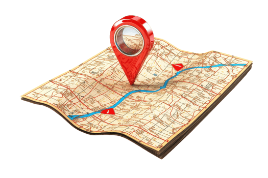 A detailed map featuring a prominent red location pin, highlighting specific routes and landmarks. png