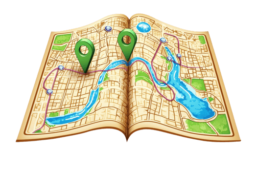 A detailed map with highlighted routes and two green location markers prominently displayed. png