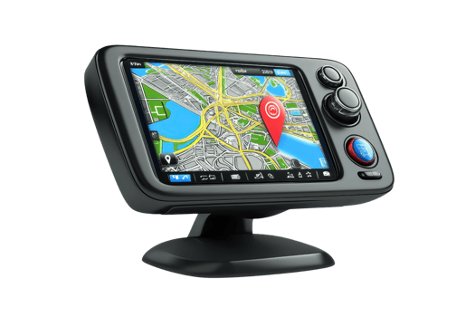 A GPS navigation device featuring a colorful map display with a location marker prominently shown. png