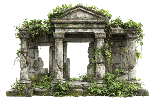 An ancient structure overrun with greenery, featuring weathered columns and ornate details, showcasing the passage of time. png
