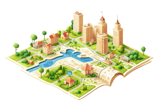 A colorful, artistic city map featuring buildings, greenery, and water elements, depicting an urban landscape in a playful design. png