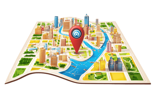 A vibrant city map featuring a prominent location pin and various urban elements like buildings, greenery, and water. png