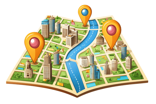 A colorful map featuring buildings, a winding river, and markers indicating specific locations. png
