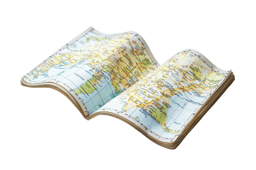 A folded map displaying geographic details and locations, indicating various regions and landmarks. png