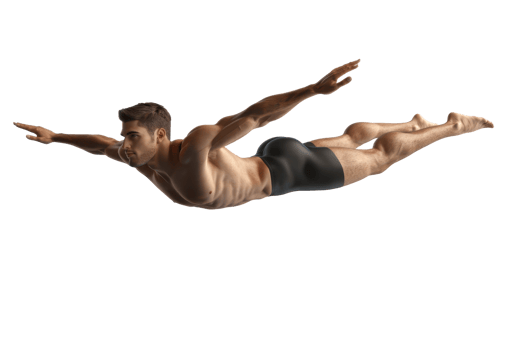 A muscular man is diving through the air with arms extended, showcasing athleticism and strength. png
