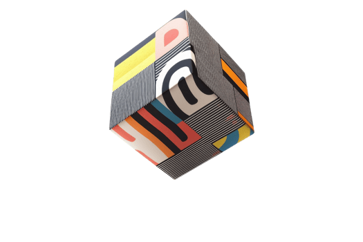 A colorful cube adorned with abstract patterns and vibrant designs, showcasing a modern artistic style. png