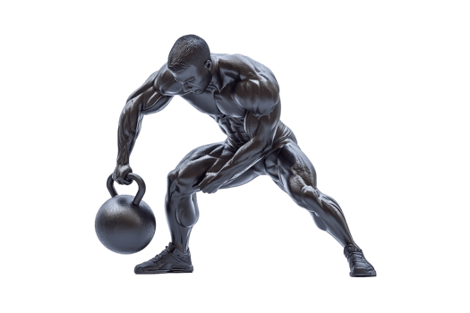 A muscular figure lifting a kettlebell, showcasing strength and athleticism in a dynamic pose. png