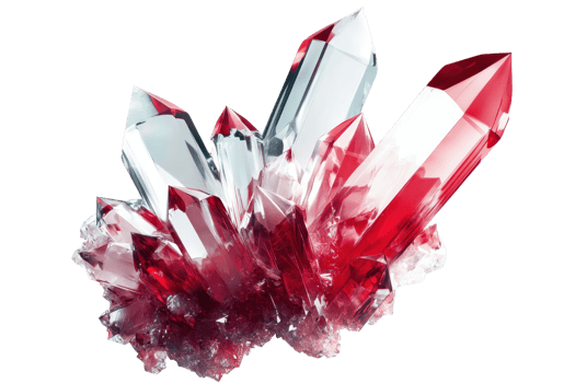 A striking cluster of red and clear crystals, showcasing sharp facets and a vibrant color contrast. png