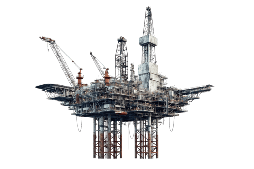 A large offshore oil rig with multiple cranes and platforms, showcasing its intricate structure and industrial design. png