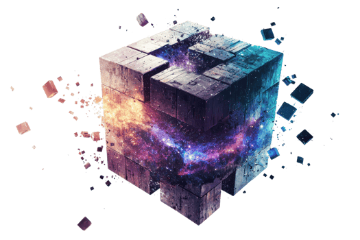 A vibrant, cosmic cube with fragmented edges, surrounded by a colorful galaxy, showcasing a blend of light and texture. png