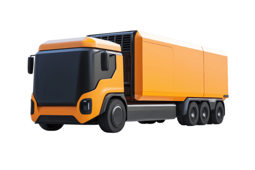 A modern orange delivery truck with a sleek design and multiple wheels, showcasing a streamlined shape for efficient transport. png