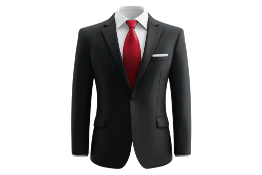 A tailored black suit with a white shirt and a red tie, showcasing a stylish and formal appearance. png