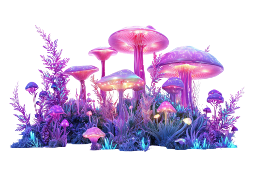 Colorful, luminescent mushrooms create a fantastical scene, with various sizes and vibrant hues illuminating the surroundings. png