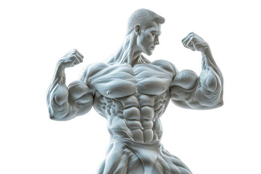 A muscular figure showcasing defined biceps and a strong physique in a dynamic pose. png