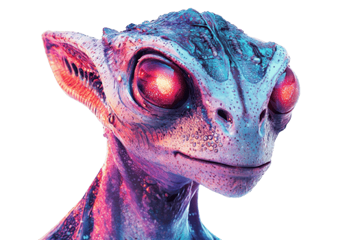 A colorful, alien creature with large, bright eyes and textured skin, showcasing intricate details and a unique design. png