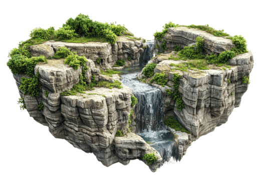 A heart-shaped rocky formation features a cascading waterfall surrounded by lush greenery. png