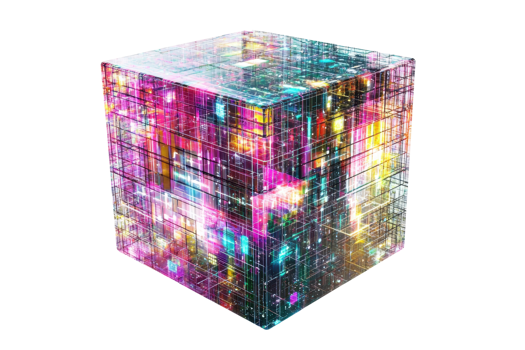 A vibrant, illuminated cube with intricate patterns and colors, showcasing a blend of digital aesthetics. png