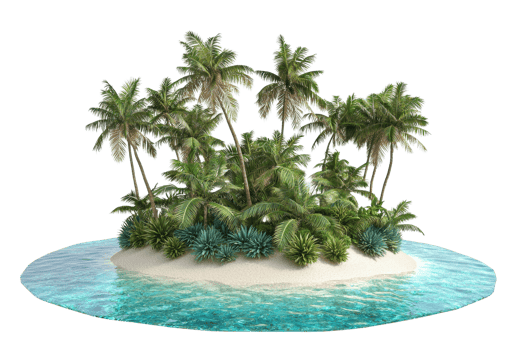 A lush, tropical island featuring dense greenery, palm trees, and surrounding turquoise waters. png