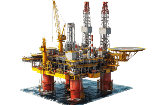 A detailed oil rig structure featuring large drill towers, a platform, and various machinery, prominently designed for offshore drilling activities. png