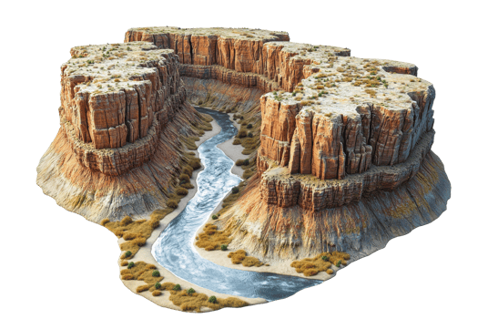 A dramatic canyon formation with steep cliffs surrounds a winding river, showcasing rugged terrain and natural beauty. png
