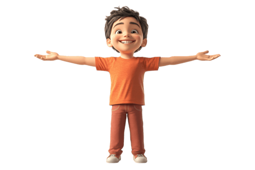 A cheerful animated character with outstretched arms, wearing an orange shirt and pants, expressing joy and positivity. png