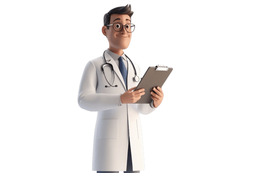 A cartoon doctor stands confidently, holding a clipboard, wearing a white coat and stethoscope, conveying professionalism and care. png