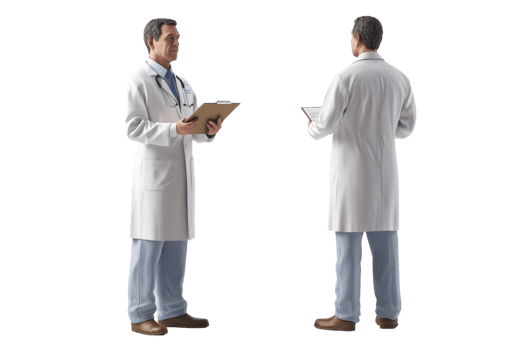 A male doctor in a white lab coat holds a clipboard while facing another doctor, presenting a professional medical scenario. png