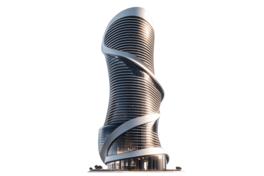 A modern, twisting skyscraper design showcasing sleek lines and innovative architecture. png