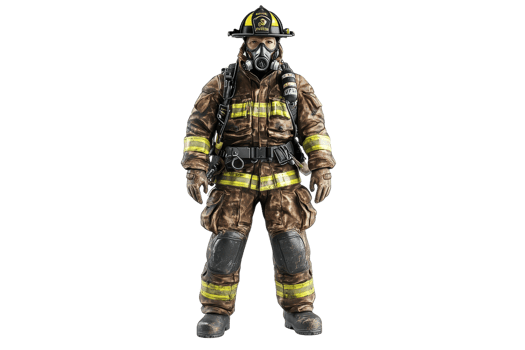 A firefighter in full gear, equipped with a helmet and breathing mask, ready for action. png