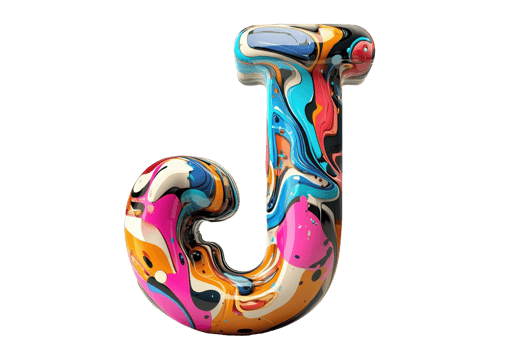 A colorful, artistic letter J featuring vibrant swirls of blue, pink, orange, and yellow. png