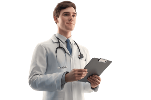 A professional male doctor holds a clipboard, wearing a white coat and stethoscope, conveying a sense of care and expertise. png