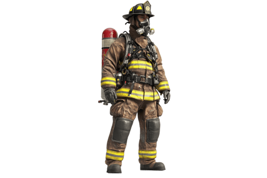 A firefighter in full gear, equipped with a helmet, oxygen tank, and protective clothing, ready for action. png