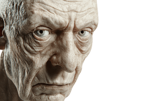 A hyper-realistic portrayal of an elderly man's face, showcasing intricate textures, deep wrinkles, and expressive eyes against a dark background. png